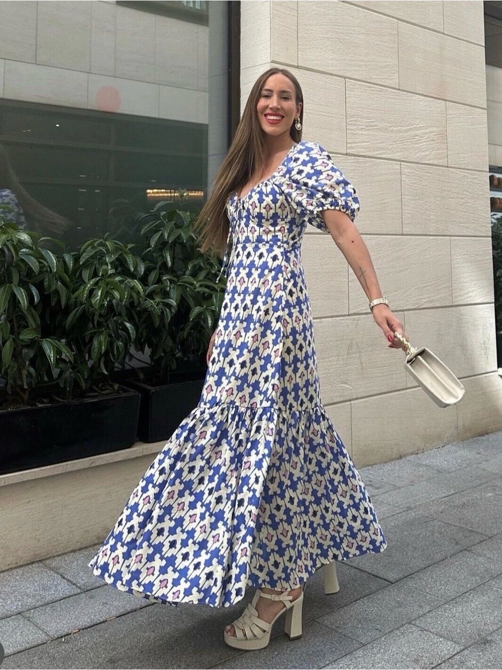 ZARA GEOMETRIC PRINTED MIDI RUFFLED DRESS BLUE